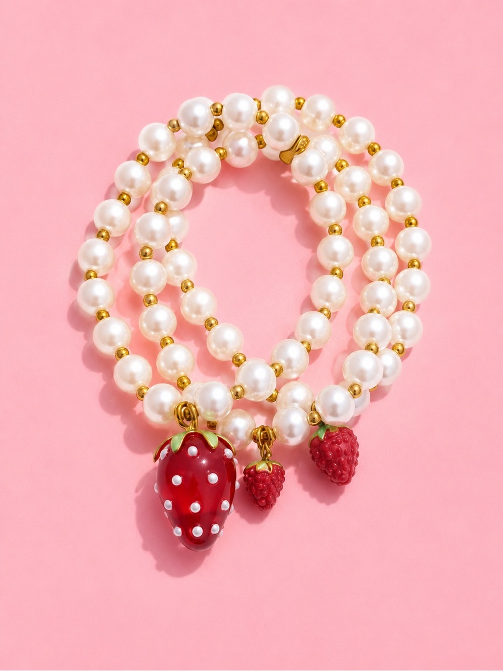 Red Strawberry Charms Pearl Gold Bracelet Set